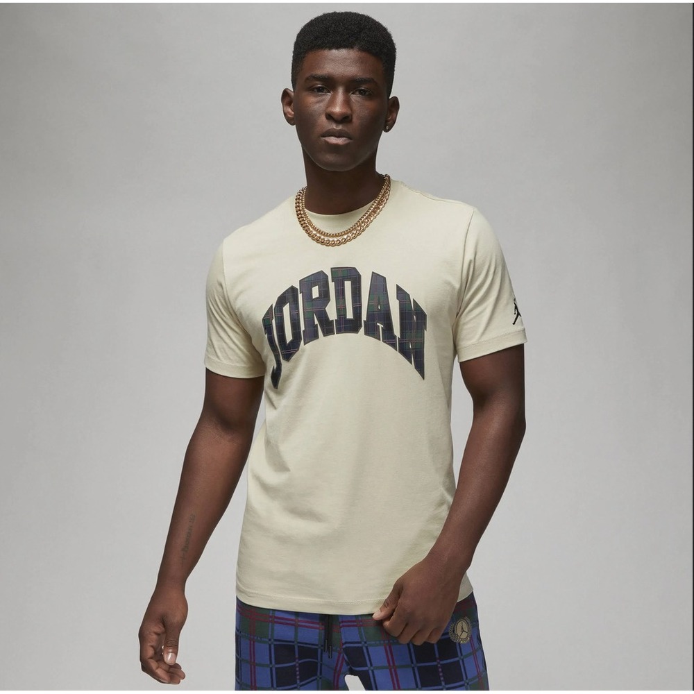 Jordan Holiday Tee Tan Blue Plaid Logo DV1433-206 Men's XL